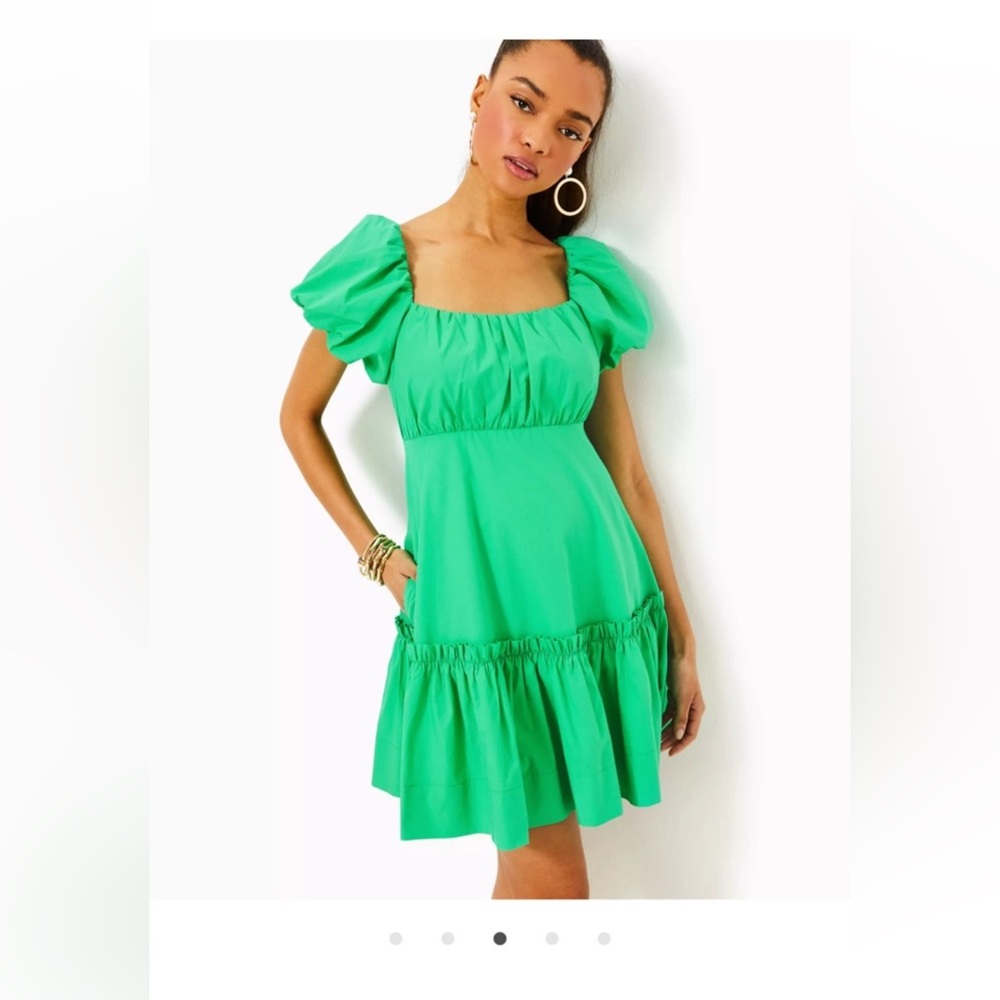 Lilly Pulitzer Emerald Puff-Sleeve Square-Neck Mini Dress